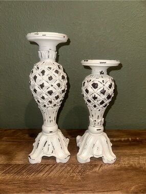 Hobby Lobby White Distressed Lattice Candle Holders - Set of 2